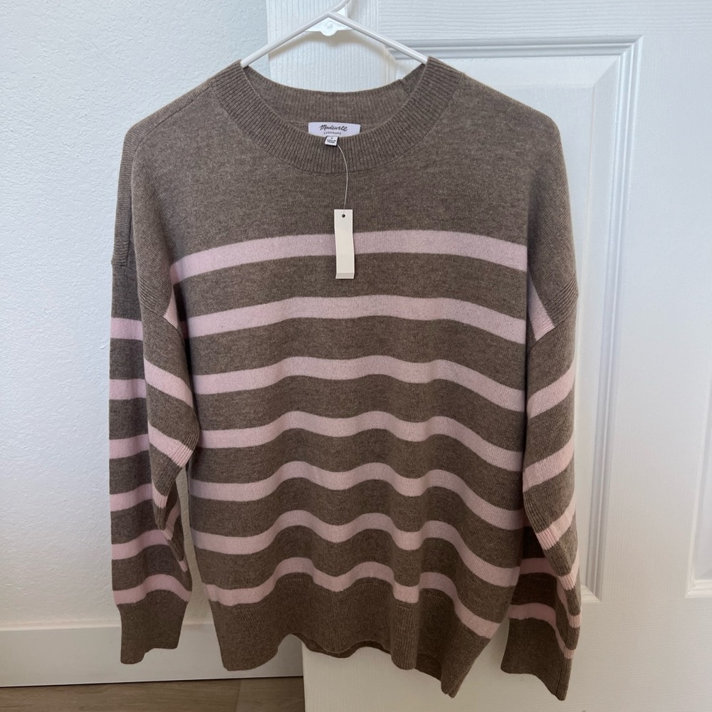 Madewell Brown and Pink Striped Cashmere Crewneck Sweater